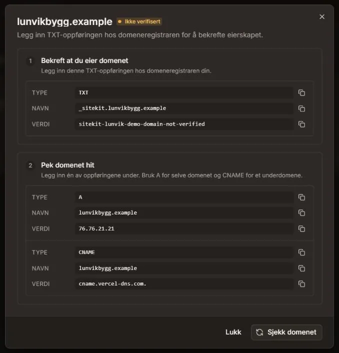 DNS-oppsettet for et domene i Sitekit: en TXT-oppføring under _sitekit som bekrefter eierskapet, og en A- eller CNAME-oppføring som peker domenet til nettsiden