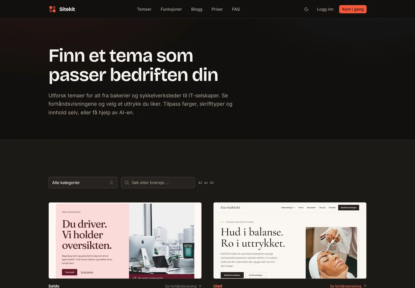 Temagalleriet på sitekit.no med overskriften «Finn et tema som passer bedriften din», et søkefelt for bransje og de to første temaene, Saldo og Glød