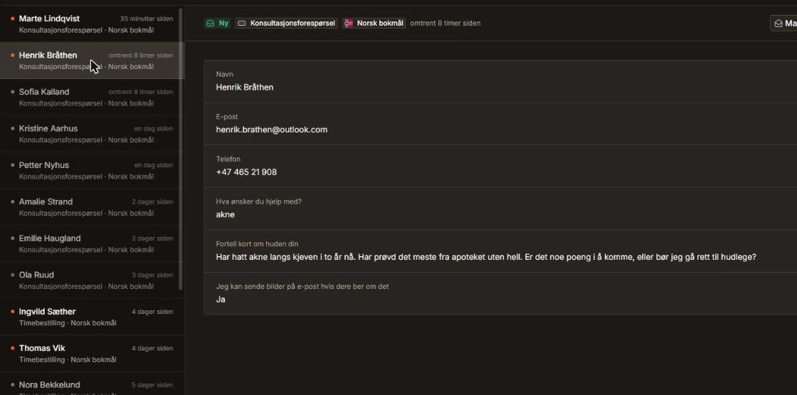 Innboksen i Sitekit med oversikt over henvendelser