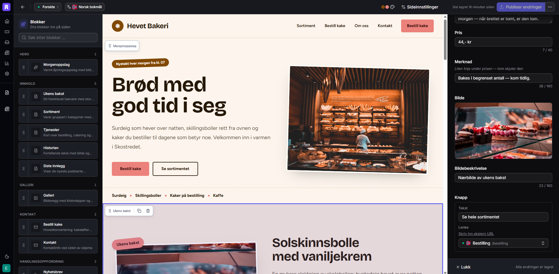 Sitekit-editoren med et bakeri-nettsted: blokkbibliotek til venstre, siden i midten og innholdsfelter til høyre