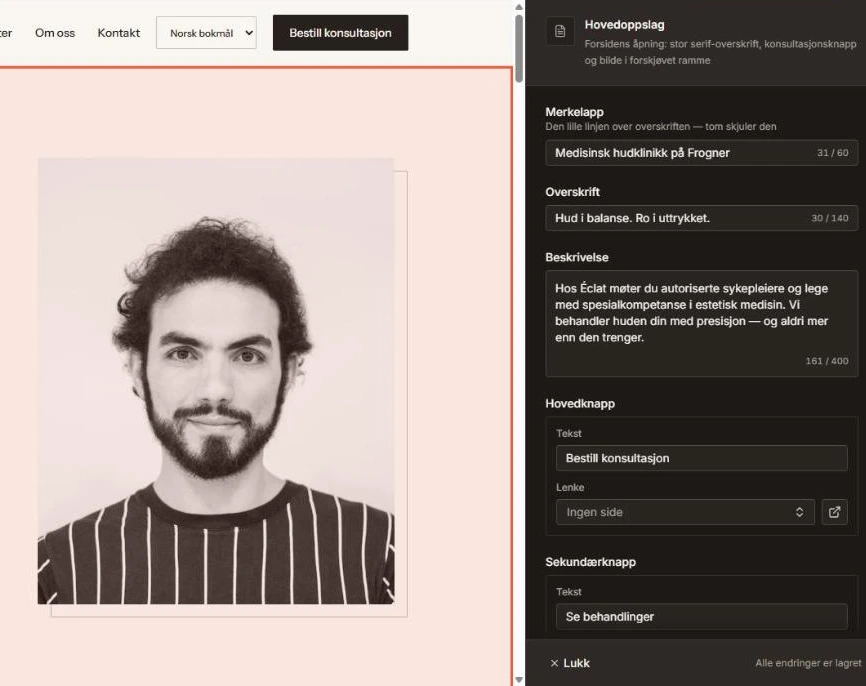 Redigeringspanelet for tekst og innhold i Sitekit