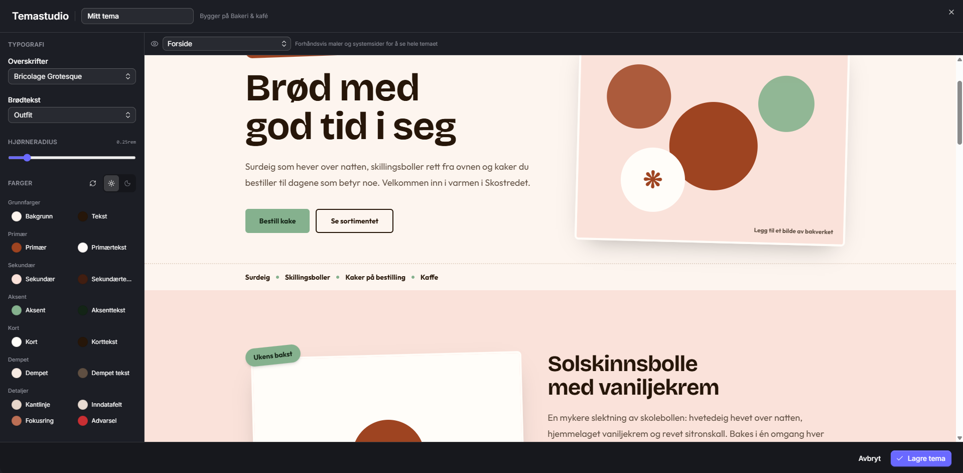 Temastudio i Sitekit: font- og fargekontroller til venstre, live forhåndsvisning av nettsiden til høyre