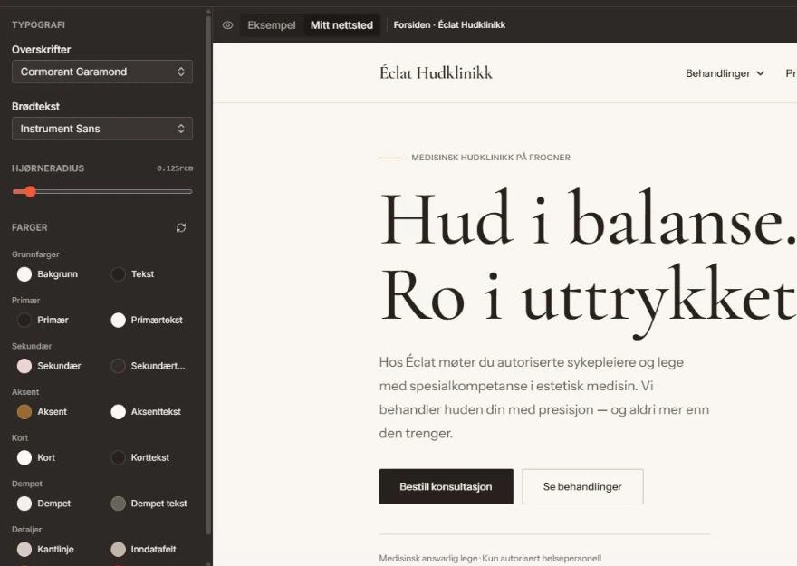 Temastudioet i Sitekit, der du tilpasser farger og skrifttyper med levende forhåndsvisning