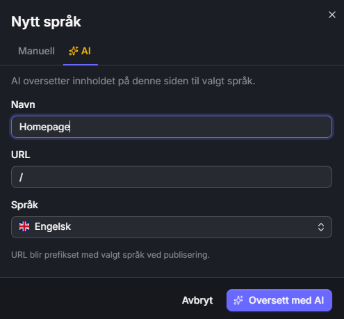 Dialogen «Nytt språk» i Sitekit, der en side oversettes til engelsk med AI