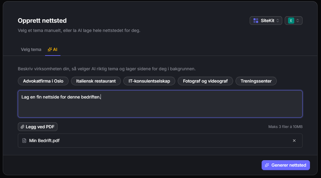 AI-generering av nettside med PDF-opplasting og bransjevalg