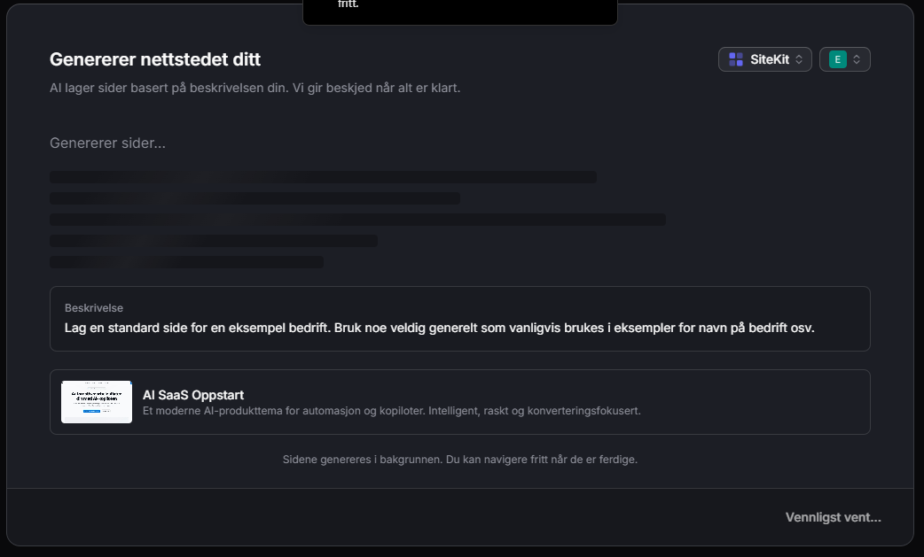 AI genererer sider i bakgrunnen med fremdriftsindikator og valgt tema