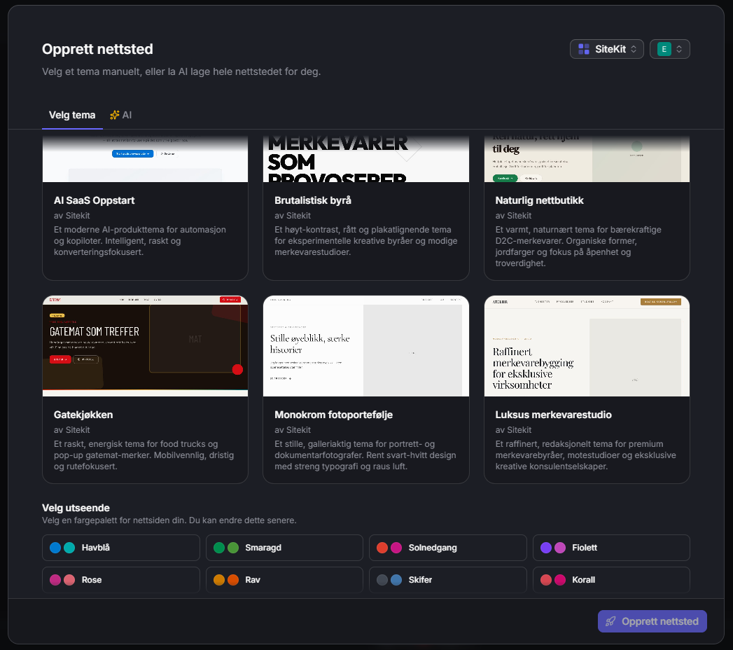 Temavelger med seks premium temaer og fargepaletter