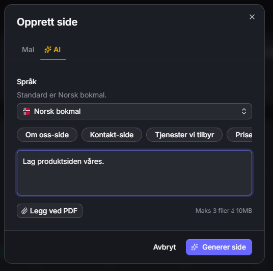 Opprett side med AI eller mal, med språkvalg og PDF-vedlegg