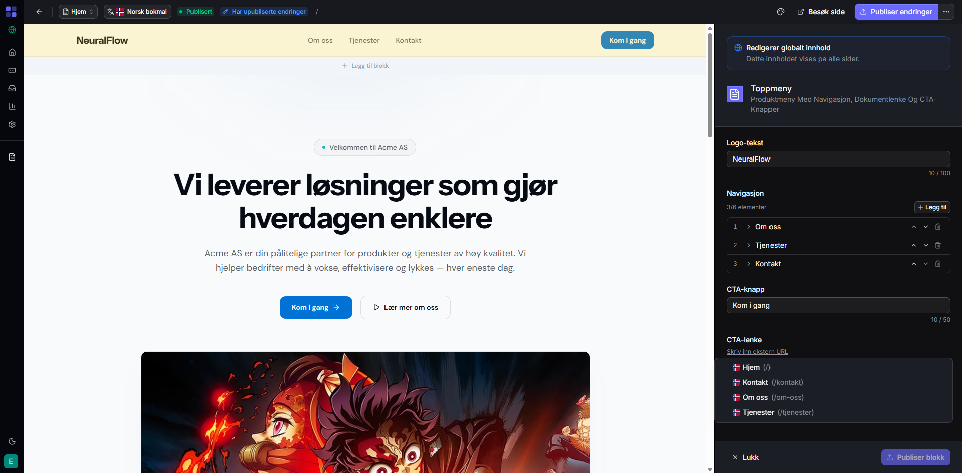 SiteKit visuell editor med sidebehandler, innholdsredigering og globale innstillinger